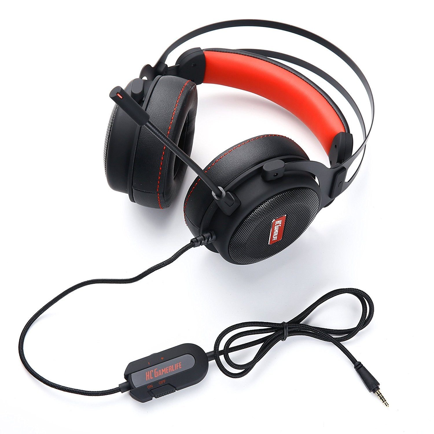 HCG1 Pro Gaming Headset at a three-quarter angle with detachable microphone, cable, and inline controller