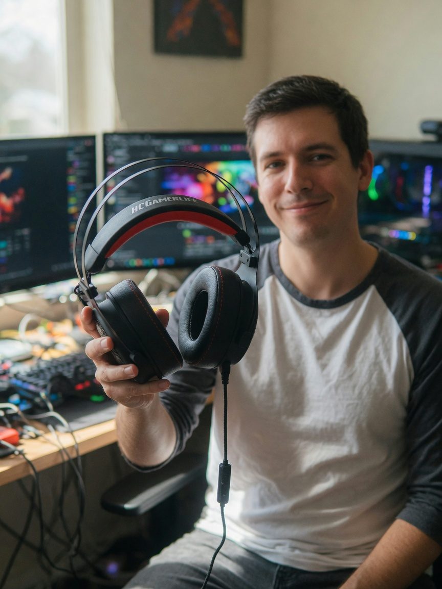Creator at a streaming desk holding the HCG1 toward the camera