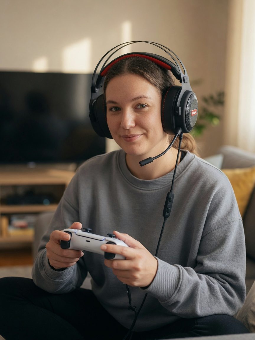 Ranked player wearing the HCG1 with a DualSense controller, 3.5mm plugged into the controller