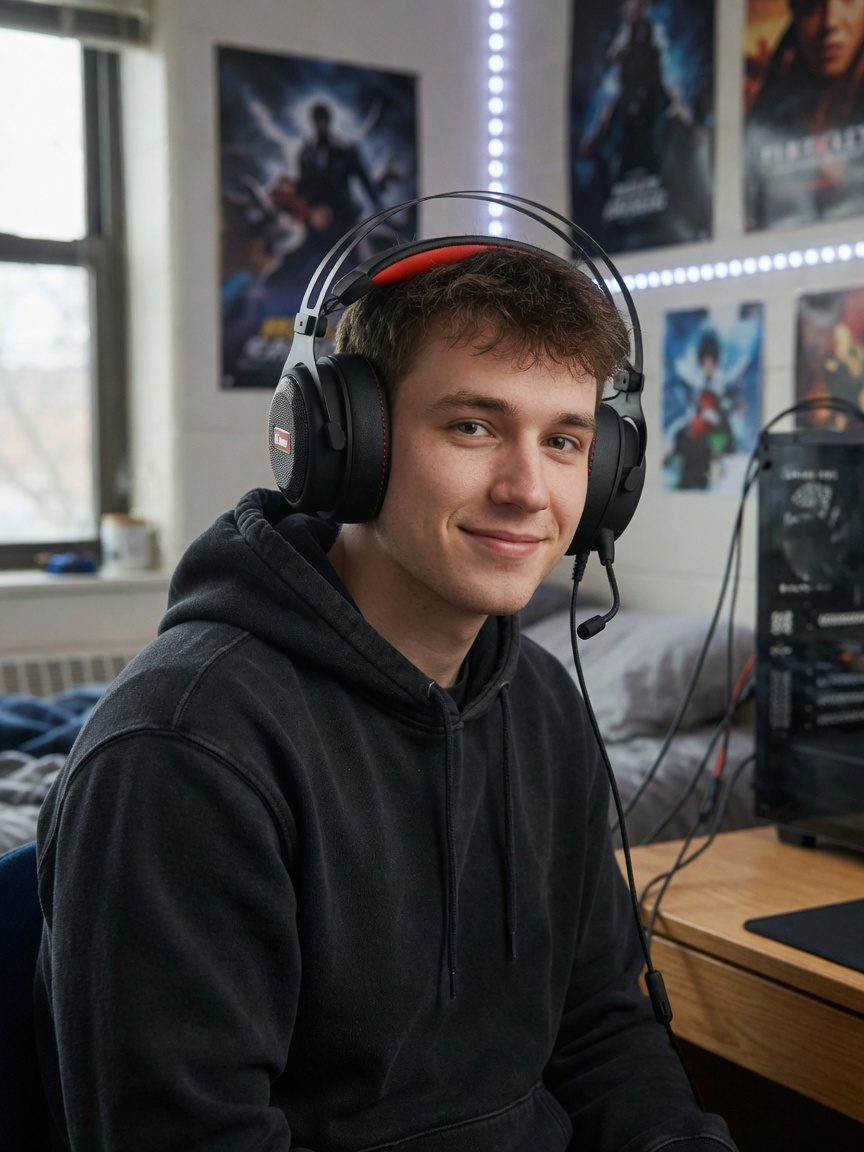 College gamer wearing the HCG1 at a PC desk with the 3.5mm cable running to the computer