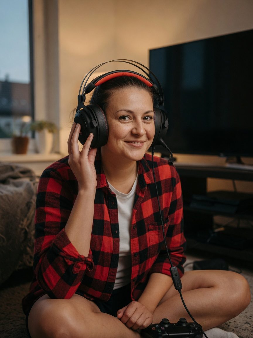 Couch gamer putting on the HCG1 in front of a TV with a controller on the floor