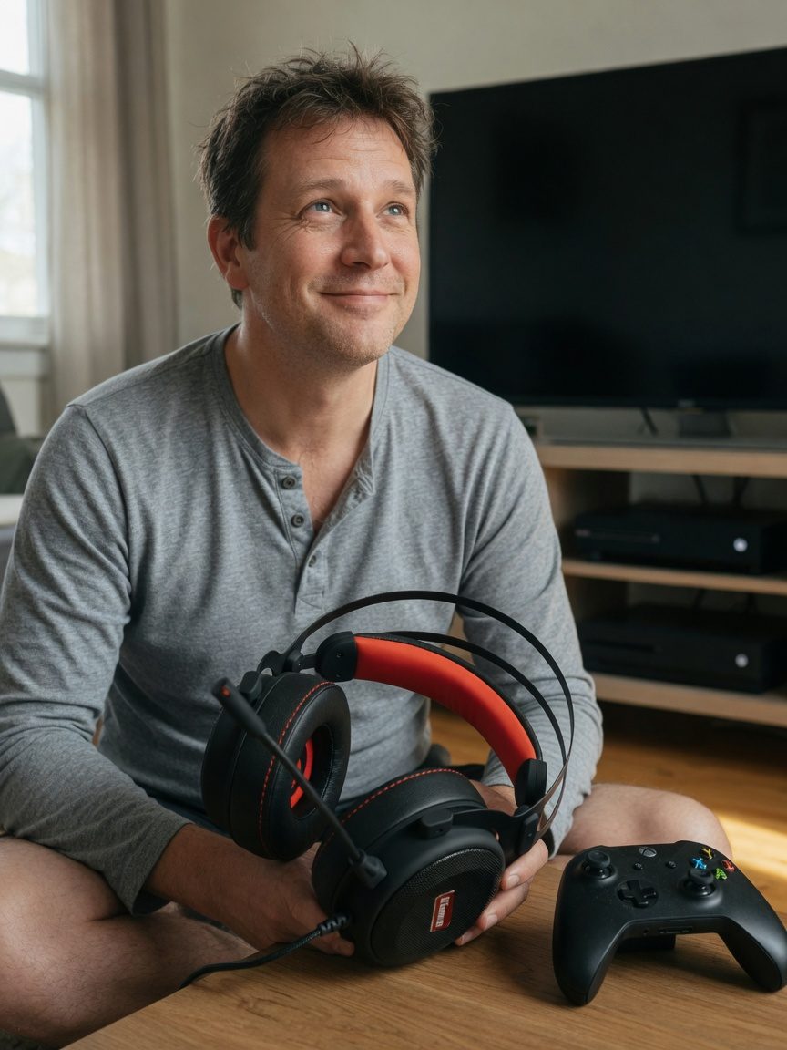 Parent sitting on the floor with the HCG1 in his lap and an Xbox controller on the table