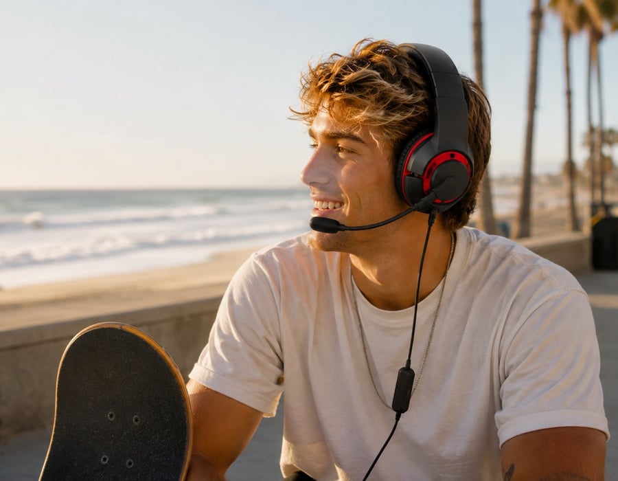 Skater wearing the HCG1 headset on a sunny beach boardwalk