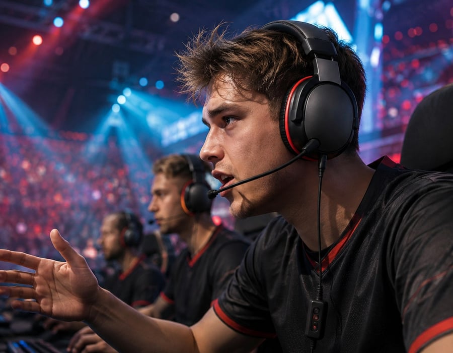 Esports teammate wearing the HCG1 headset in a tournament arena