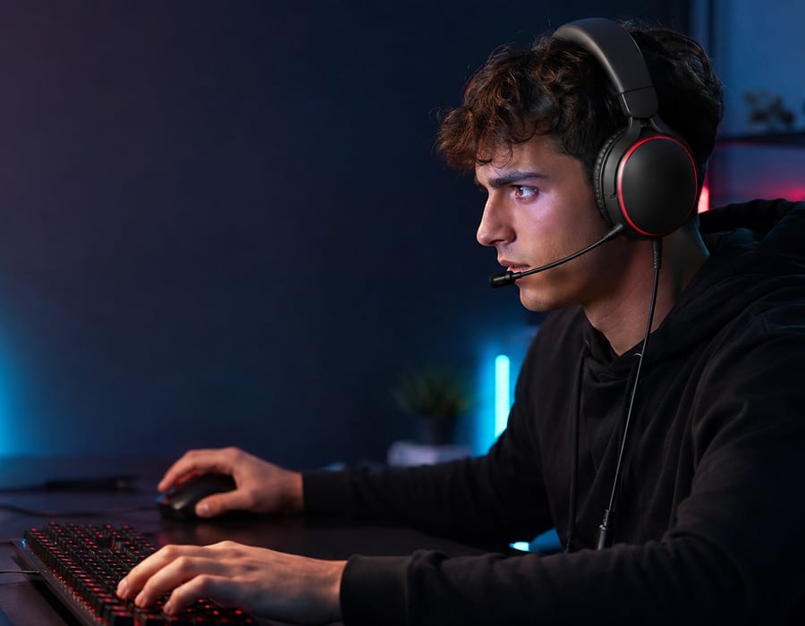 Gamer wearing the HCG1 headset during a focused PC session