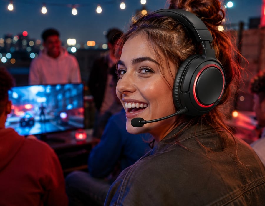 Friend wearing the HCG1 headset at a rooftop game night