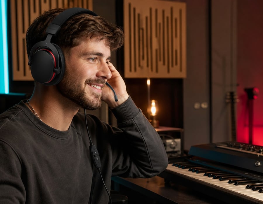 Music producer wearing the HCG1 headset in a home studio